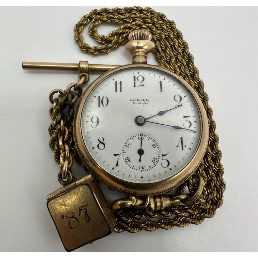 Antique Ideal USA Pocket Watch Gold Filled Chain Fob Running 40.84g